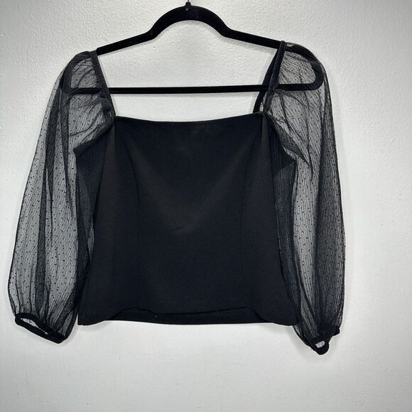 Socialite Black Square Neck Sheer Polka Dot Mesh Balloon Sleeve Crop Top M - Picture 12 of 12